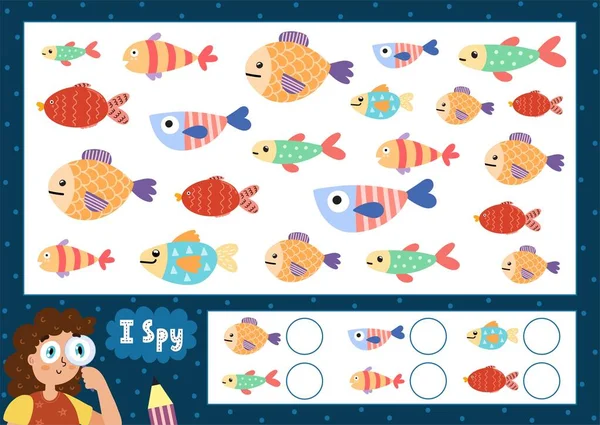 Yo espío el juego para niños. Encuentra y cuenta los peces lindos. Puzzle de vida marina para niños — Vector de stock