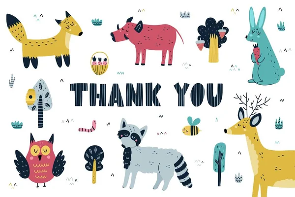 Σας ευχαριστώ κάρτα με χαριτωμένα ζώα του δάσους. Φόντο χαρακτήρων Woodland — Διανυσματικό Αρχείο