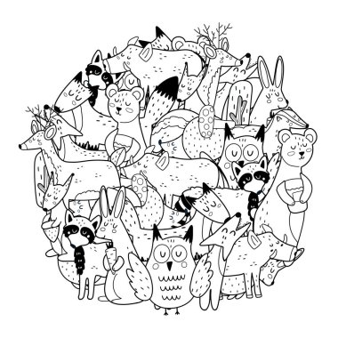 Orman hayvanlarıyla renklendirme sayfasını çember yapın. Siyah ve beyaz baskı