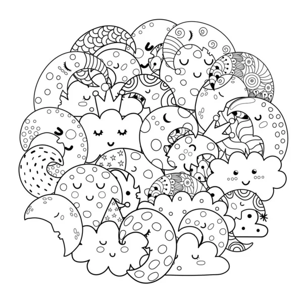 Coloriage en forme de cercle avec lune mignonne et nuages. Imprimé noir et blanc — Image vectorielle