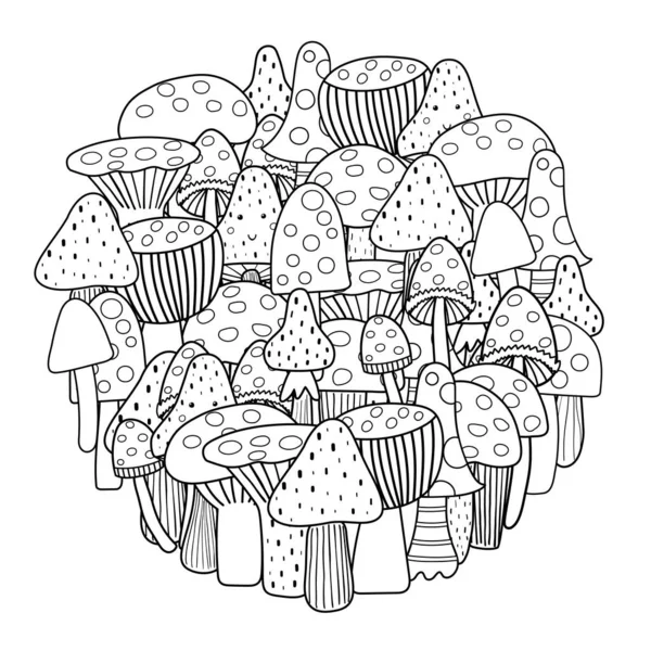 Розмальовка кругової форми з грибами. Чорно-білий милий принт — стоковий вектор