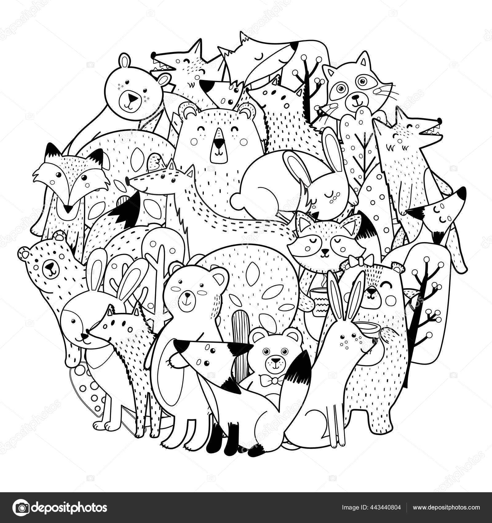 Circle shape coloring page with funny forest characters. Cute ...