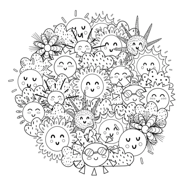 Coloriage en forme de cercle avec un soleil heureux. Impression noir et blanc pour livre à colorier — Image vectorielle