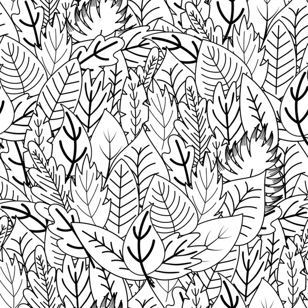 Doodle deja un patrón sin costuras. Plantas caprichosas para colorear página. Estampado floral blanco y negro — Vector de stock