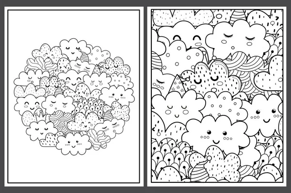 Páginas para colorir definidas com nuvens fofas. Modelos de personagens cósmicos Doodle para colorir livro — Vetor de Stock