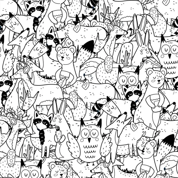 Animaux de la forêt mignon motif sans couture noir et blanc. Coloriage caniche — Image vectorielle