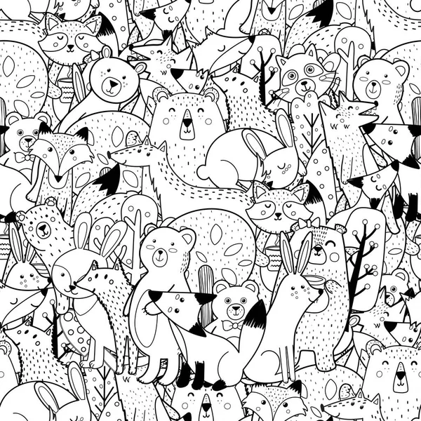 Doodle floresta animais preto e branco sem costura padrão. Desenho engraçado para colorir — Vetor de Stock