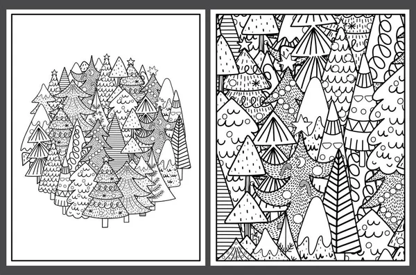 귀여운 크리스마스 트리로 구성 된 색칠 페이지. 물레방아의 겨울 주형 — 스톡 벡터