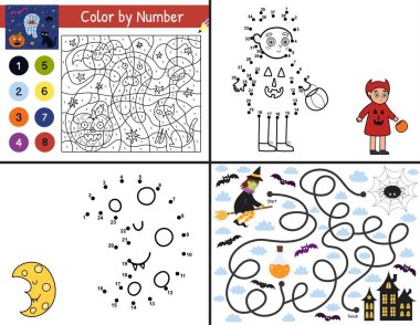Cadılar Bayramı etkinlik sayfaları çocuklar için. US Letter formatında komik oyunlar ayarlandı. Rakamlara göre renk, noktadan noktaya ve şablonlar ürkütücü karakterlerle dolu. Vektör illüstrasyonu