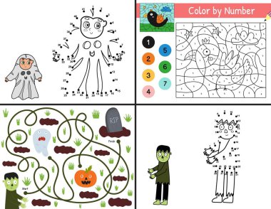 Cadılar Bayramı etkinlik sayfaları çocuklar için. US Letter formatında komik oyunlar koleksiyonu. Rakamlara göre renk, noktadan noktaya ve şablonlar ürkütücü karakterlerle dolu. Vektör illüstrasyonu