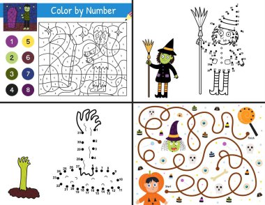 Cadılar Bayramı etkinlik sayfaları çocuklar için. US Letter formatında komik oyunlar koleksiyonu. Rakamlara göre renk, noktadan noktaya ve şablonlar ürkütücü karakterlerle dolu. Vektör illüstrasyonu