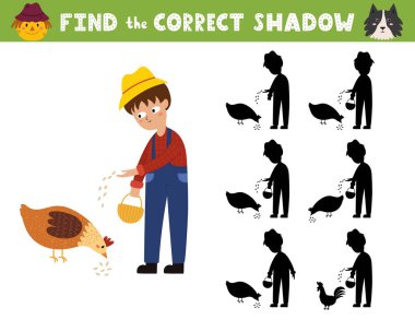 Tatlı bir çiftçi ve tavuğu olan çocuklar için doğru gölge aktivite sayfasını bul. Bir çiftlik karakteriyle gölge eşleştirme oyunu. Vektör illüstrasyonu