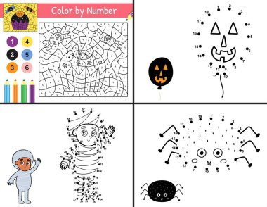 Cadılar Bayramı etkinlik sayfaları çocuklar için. US Letter formatında komik oyunlar koleksiyonu. Sayıya göre renk ve noktadan noktaya şablonlar ürkütücü karakterlerle doludur. Vektör illüstrasyonu