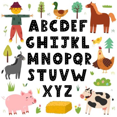 Şirin çiftlik hayvanları olan çocuklar için alfabe posteri. Okul, inek, domuz, at, tavuk ve diğer çiftlik karakterleriyle birlikte okul ve anaokulu için A 'dan Z' ye el yazısıyla yazılmış mektuplar. Vektör illüstrasyonu