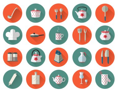 Mutfak gereçleri ve tencere düz Icons set