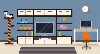 İç oturma odası mobilya, Tv ve şirin bir kedi