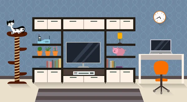 Intérieur d'un salon avec mobilier, TV et un chat mignon — Image vectorielle
