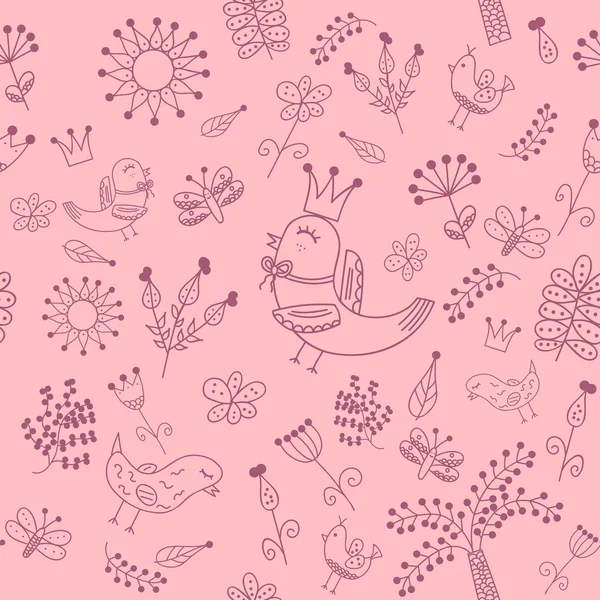 Padrão sem costura floral no estilo doodle com pássaros bonitos . — Vetor de Stock