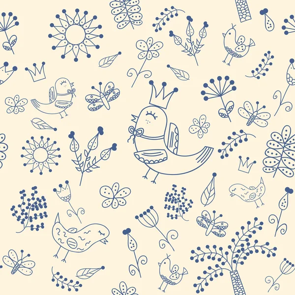 Padrão sem costura floral no estilo doodle com pássaros bonitos . — Vetor de Stock