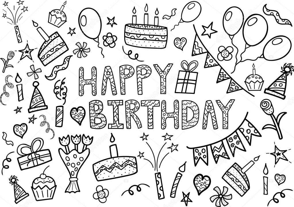 Happy Birthday doodle set with hand drawn elements