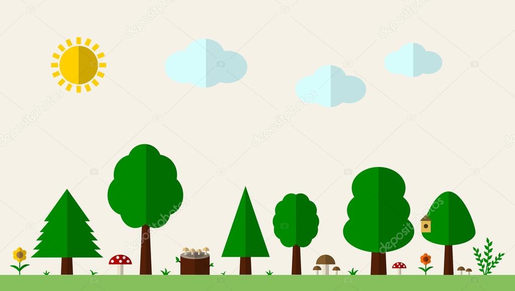 Flat forest background with trees, grass and mushrooms
