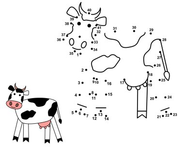 Sevimli inek çizmek için noktaları Birleştir. Eğitim sayı oyunu 