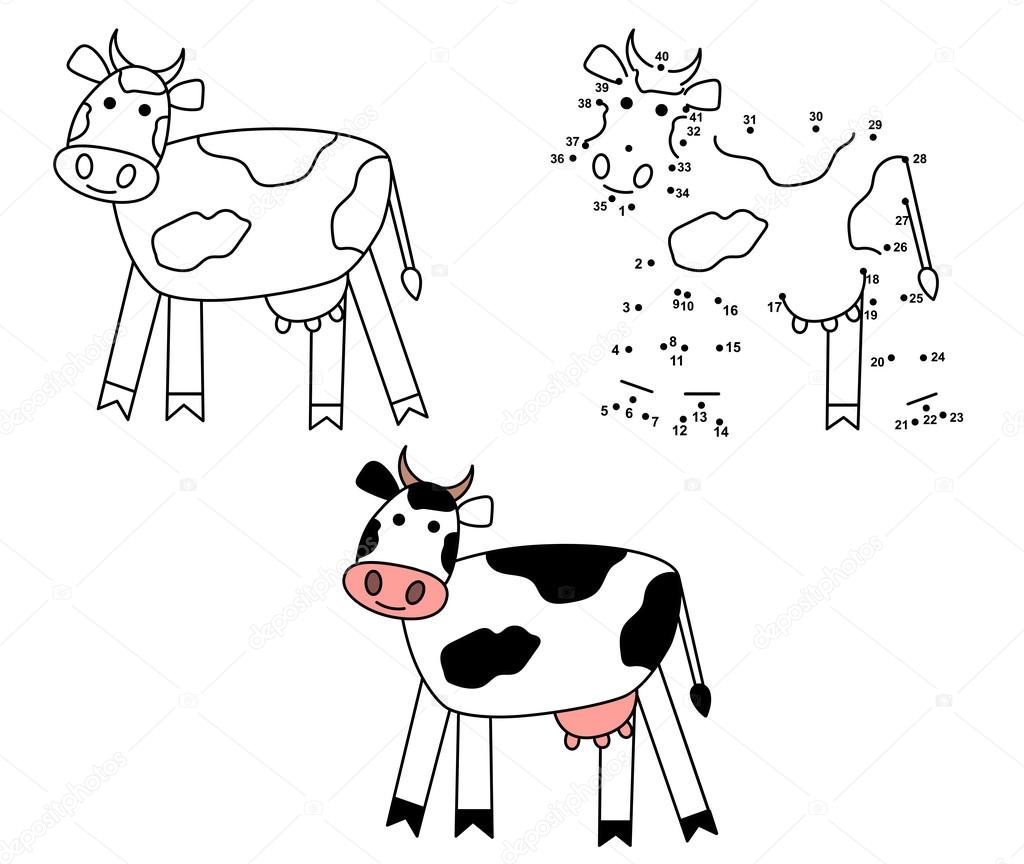 Mucca simpatico cartone animato Disegni da colorare e punto punto gioco educativo per bambini Illustrazione di vettore — Vettoriali di JuliyaS
