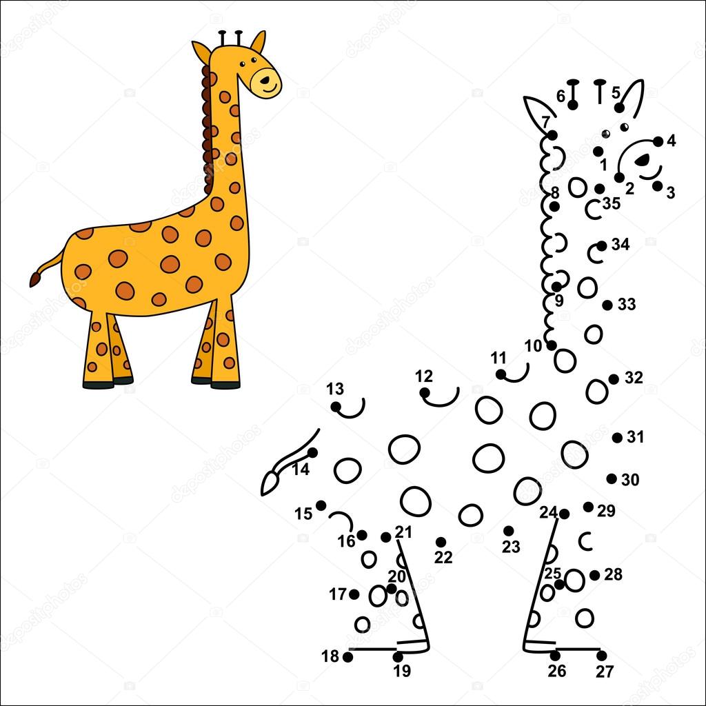 Unire i puntini per disegnare la giraffa sveglia e colorarlo Numeri di didattici e gioco da colorare per bambini Illustrazione di vettore — Vettoriali di
