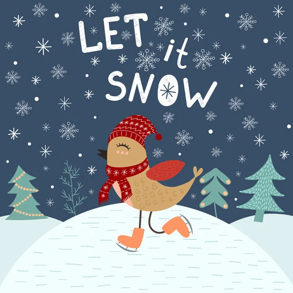 Let It Snow, karta šablony s roztomilý ptáček — Stockový vektor