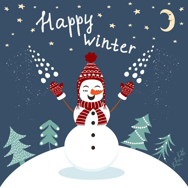 Happy winter card with enjoying snowman in vector — Stock Vector