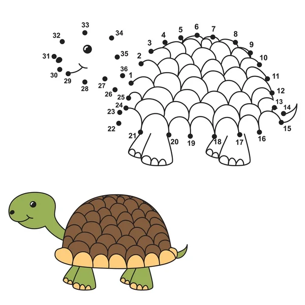 Connectez les points pour dessiner la tortue mignonne et colorier. Numéros éducatifs et jeu de coloriage — Image vectorielle