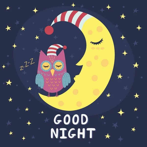 Tarjeta de buenas noches con luna dormida y búho lindo — Vector de stock