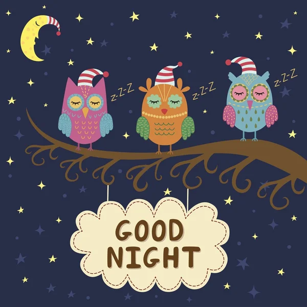 Tarjeta de buenas noches con lindos búhos dormidos — Vector de stock