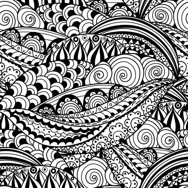 Handgezeichnete schwarz-weiße nahtlose Muster mit abstrakten Wellen, Kreisen und Blumen — Stockvektor