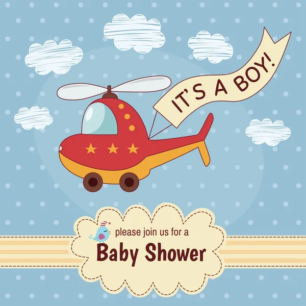 Tarjeta de invitación Baby shower "Es un niño" con un lindo helicóptero — Vector de stock