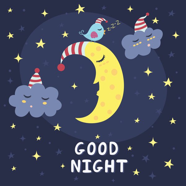 Good night card with the cute sleeping moon, clouds and a bird