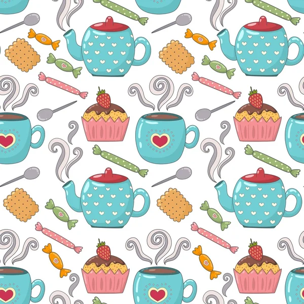 Tea time cute seamless pattern with teacups, teapots and candies — Stock Vector