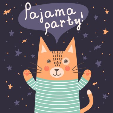 Pijama partisi kartı ile sevimli bir kedi