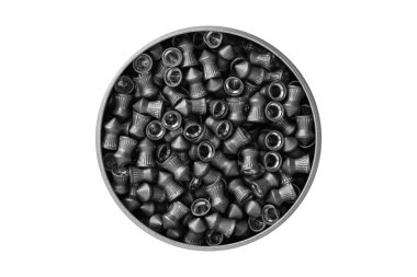 Aerial view of an aluminum can of airgun lead pellets isolated on white background with clipping path clipart