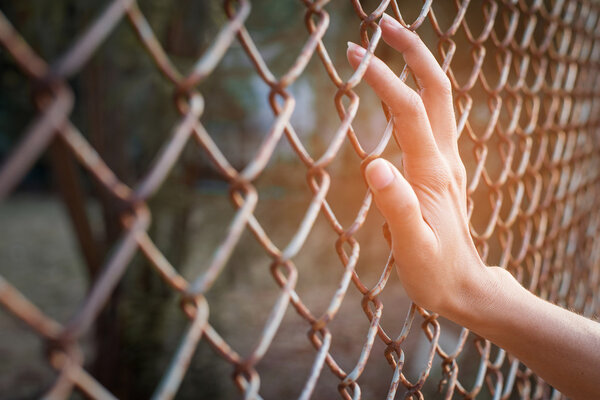 Hand holding on fence