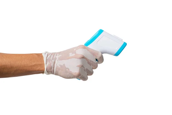 Mão Segurando Termômetro Infravermelho Para Medir Temperatura Corporal Fundo Branco — Fotografia de Stock