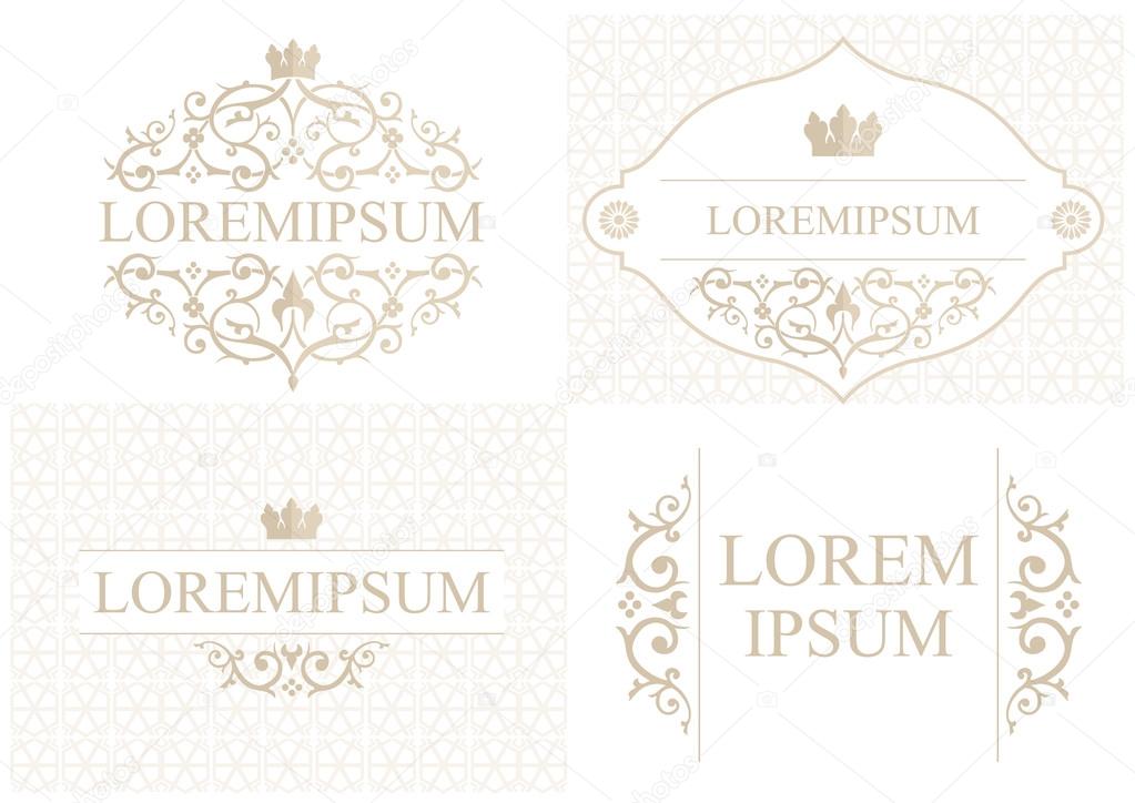 Set of the vignettes in the oriental style with vintage floral ornament and crown in beige tones