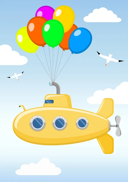 Забавная желтая подводная лодка в небе — стоковый вектор
