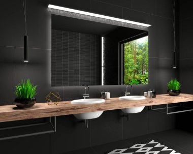 Modern banyo. Çatı katı tarzı çekmeceler.