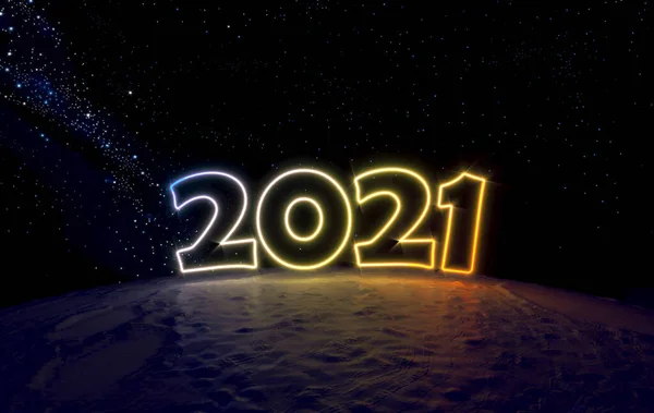 Concept number 2021 in space on a small planet — Stock Photo, Image