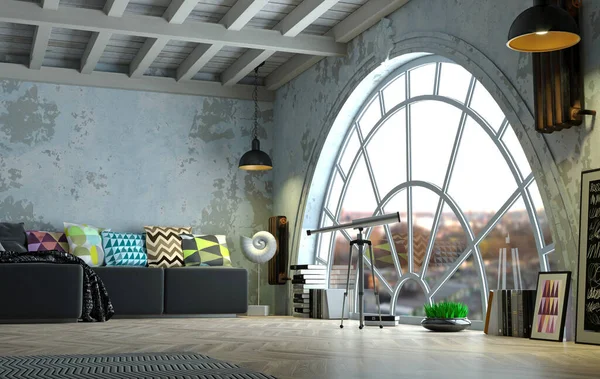 Loft style attic interior huge arched window — Stock Photo, Image