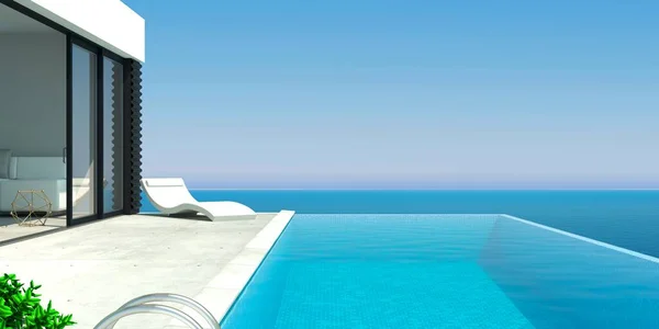 Moderne Villa mit Pool und Sonnenliegen am Meer — Stockfoto