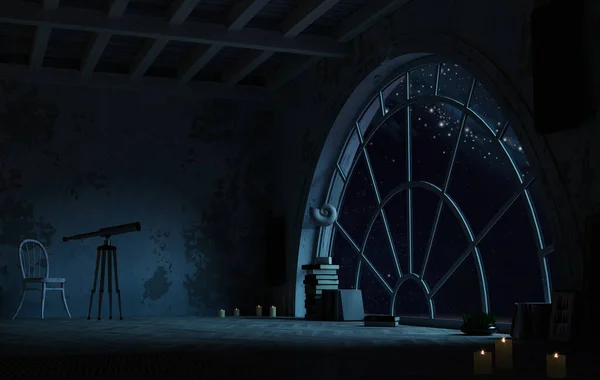 Кімната з арковим вікном ніч і простір — стокове фото