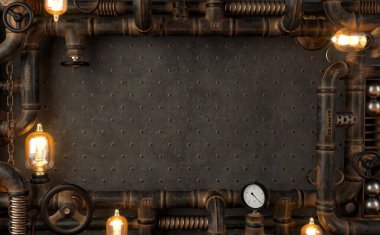 Arka plan koyu duvar tavan arası borulardan gelen steampunk lamba.