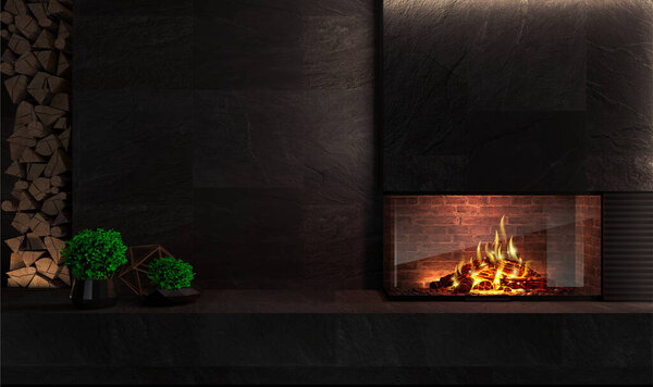 Modern glass corner fireplace in the interior